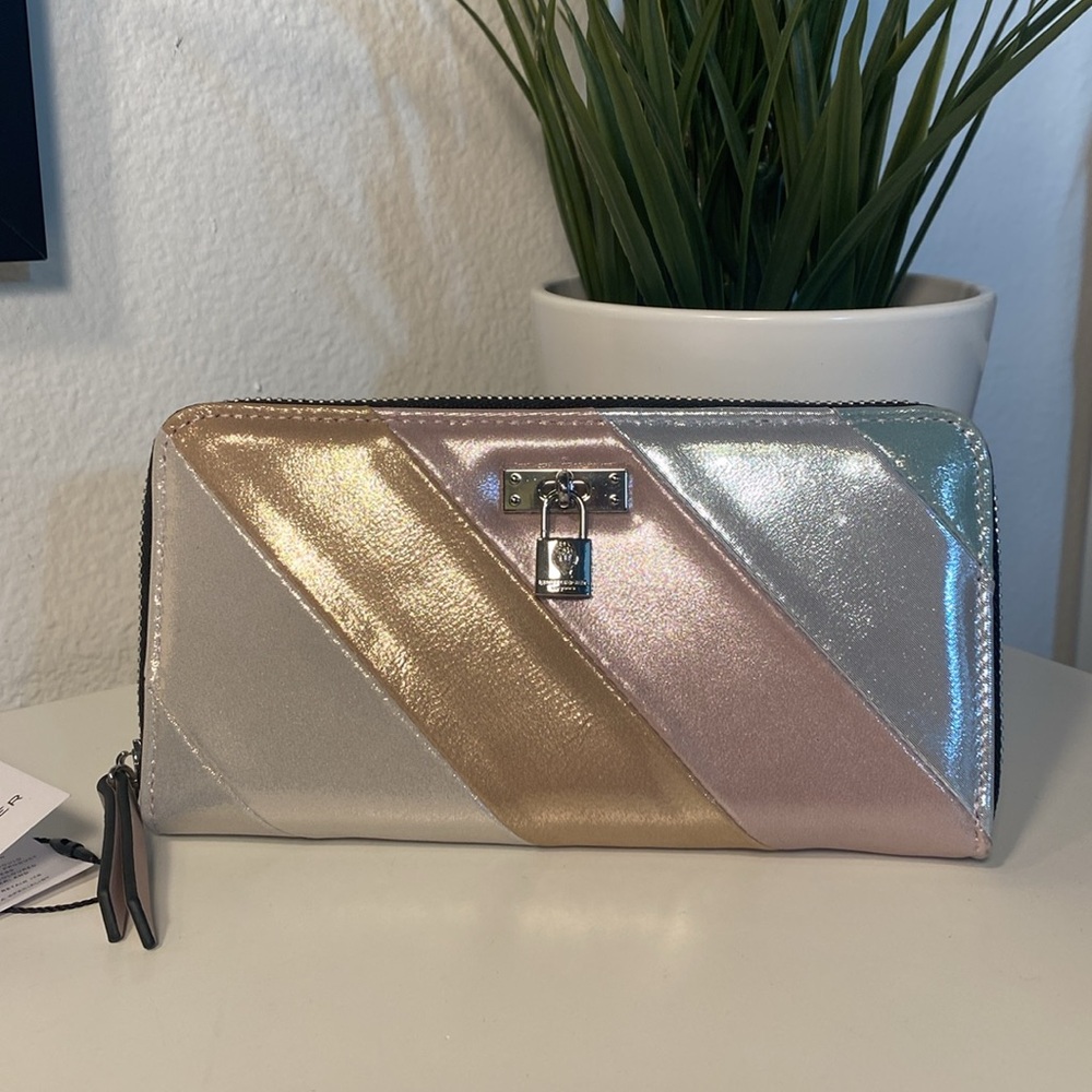 NWT Kurt Geiger Metallic Suede Leather Stripe Brixton Lock Zip Wallet - Picture 3 of 12
